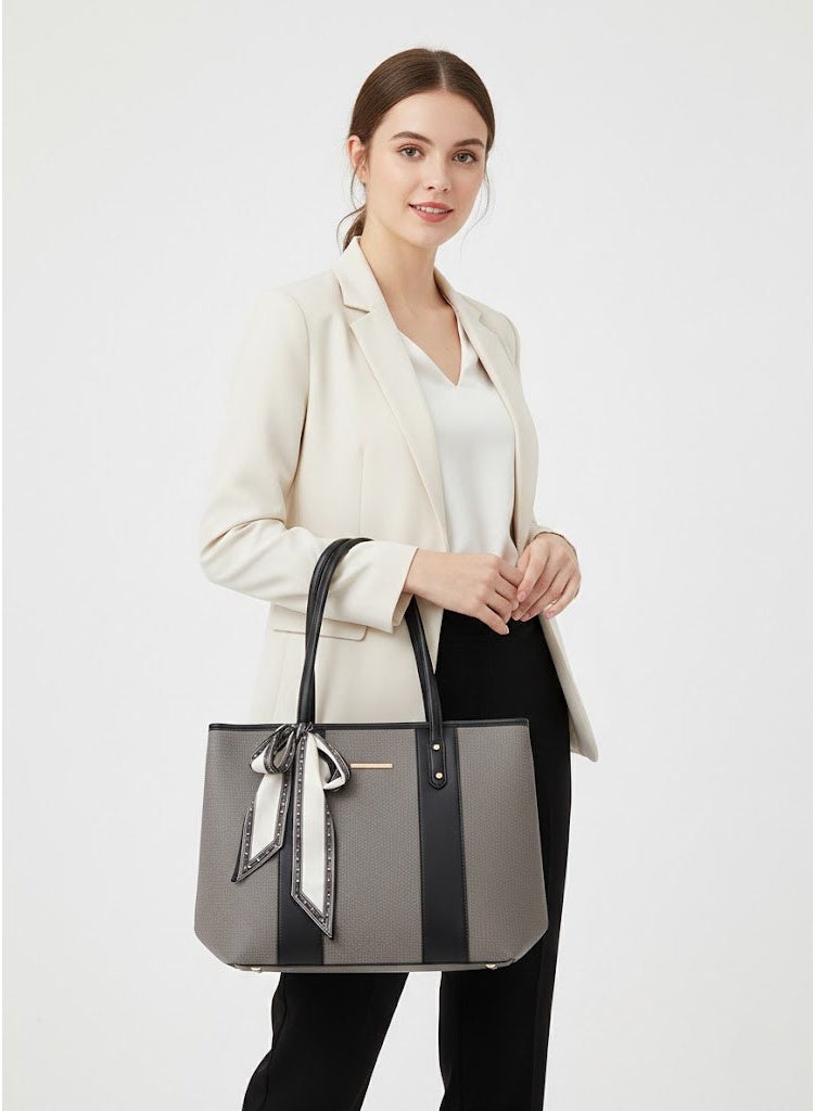 FUMES Noir Women’s Elegant Panel Tote Handbag with Scarf Detail – Structured Premium Shoulder Bag - Image 3